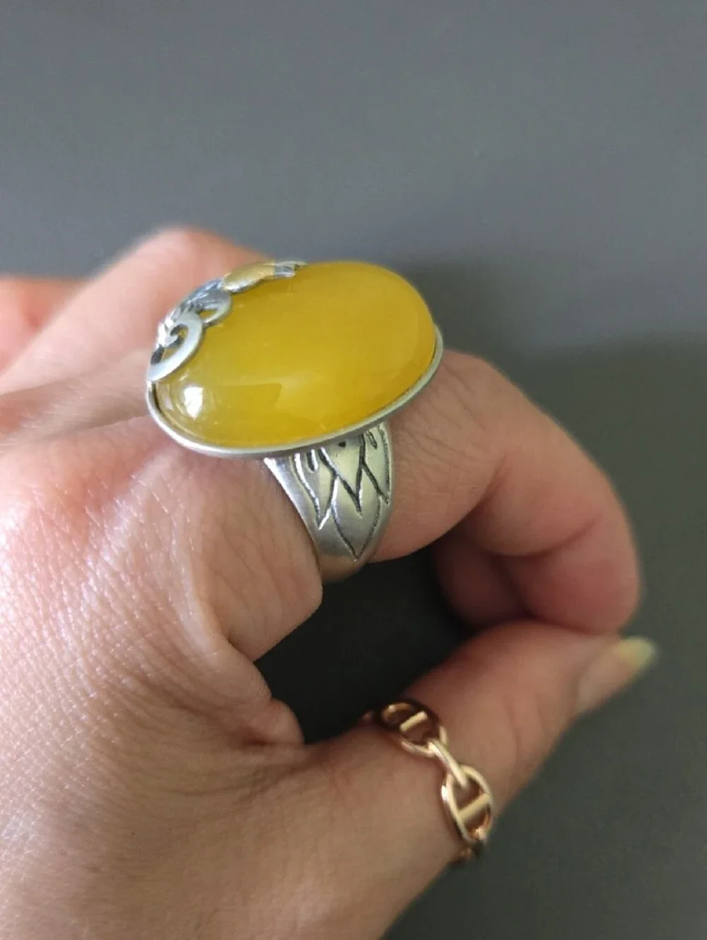 925 Stering Silver Customize Korean traditional Yellow Oval Statement Ring - Picture 5 of 5